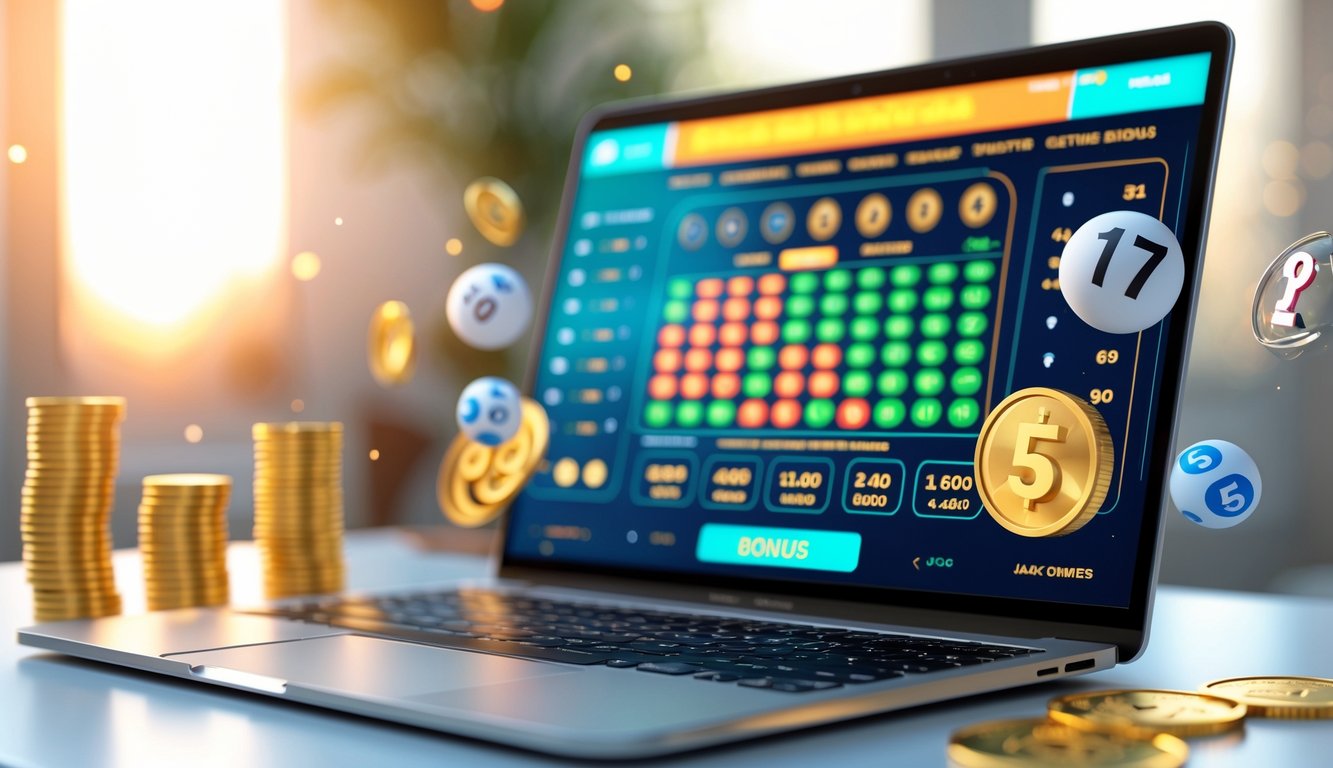 Sebuah komputer modern di atas meja menampilkan antarmuka situs togel online dengan koin emas dan bola togel di sekitarnya.