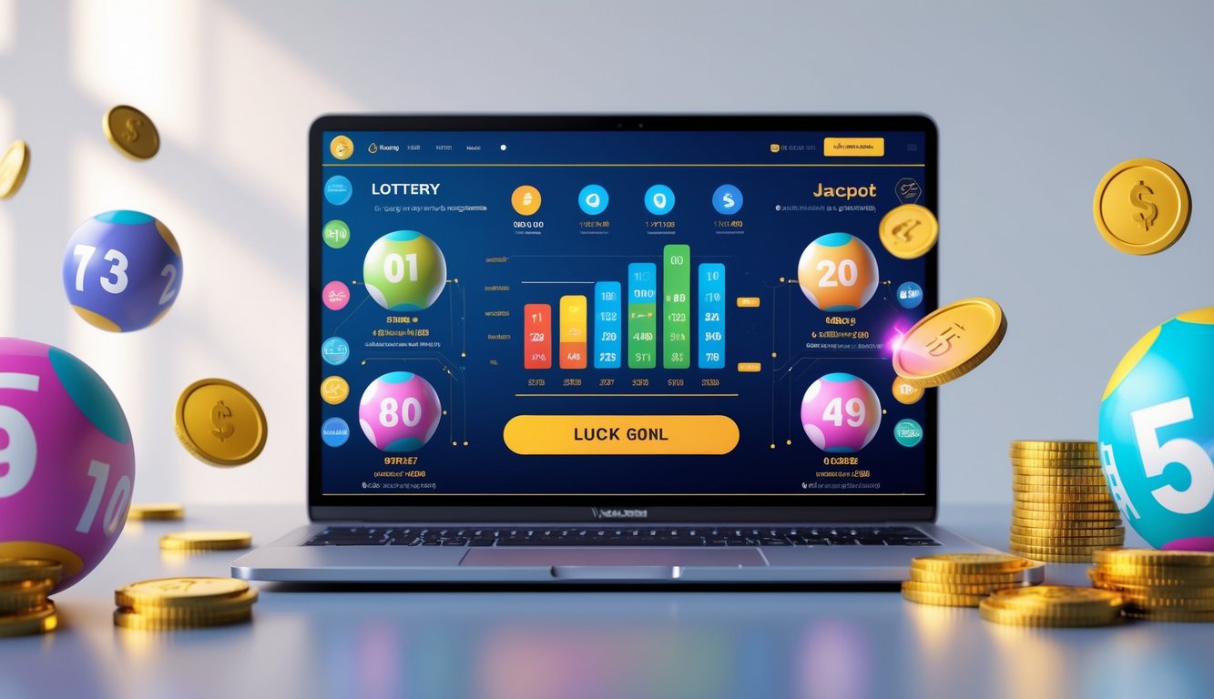 Seseorang menggunakan komputer dengan tampilan situs togel online dan elemen simbol keberuntungan di sekitarnya.