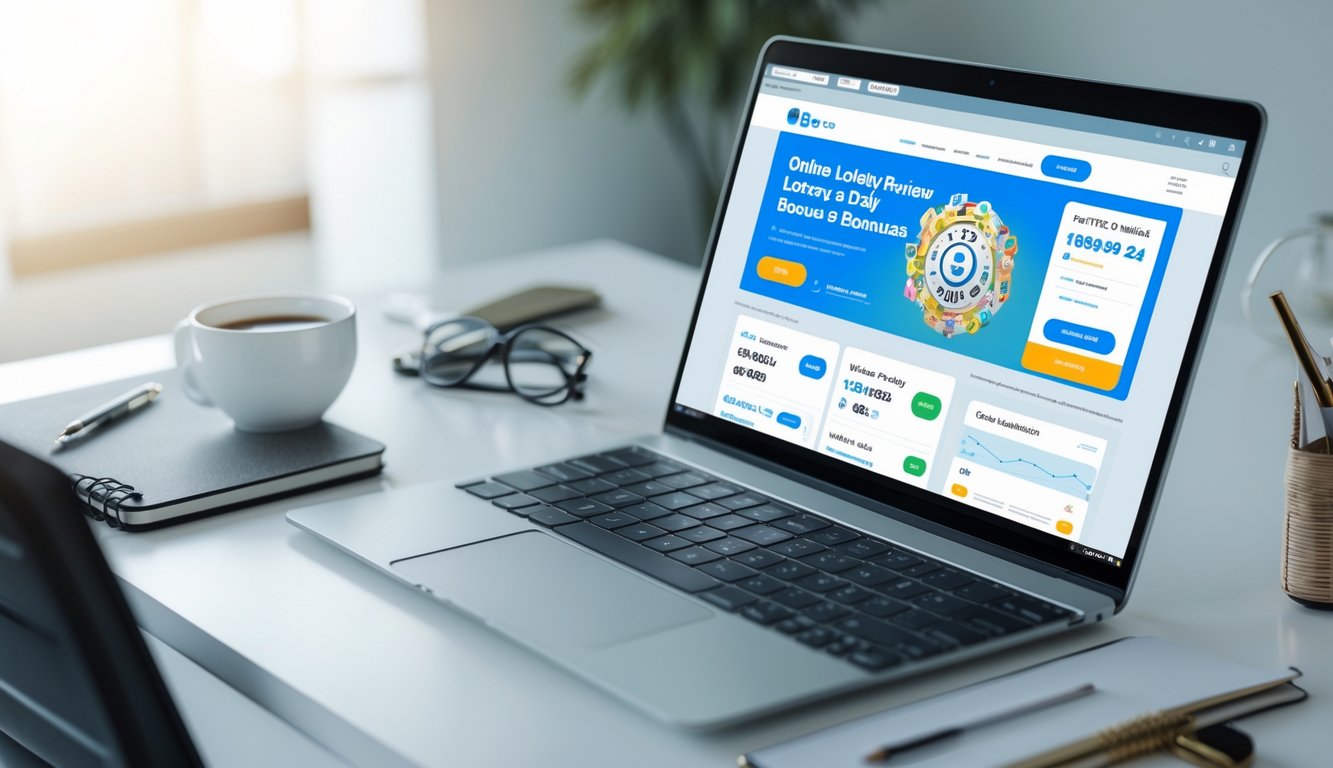 Sebuah meja kerja modern dengan laptop, smartphone, dan secangkir kopi, menampilkan suasana kerja terkait ulasan bonus togel online.