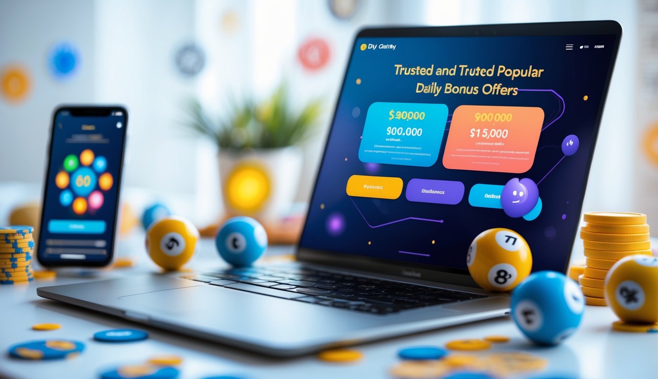 Meja kerja modern dengan laptop dan smartphone yang menampilkan platform togel online, dikelilingi bola togel dan chip.