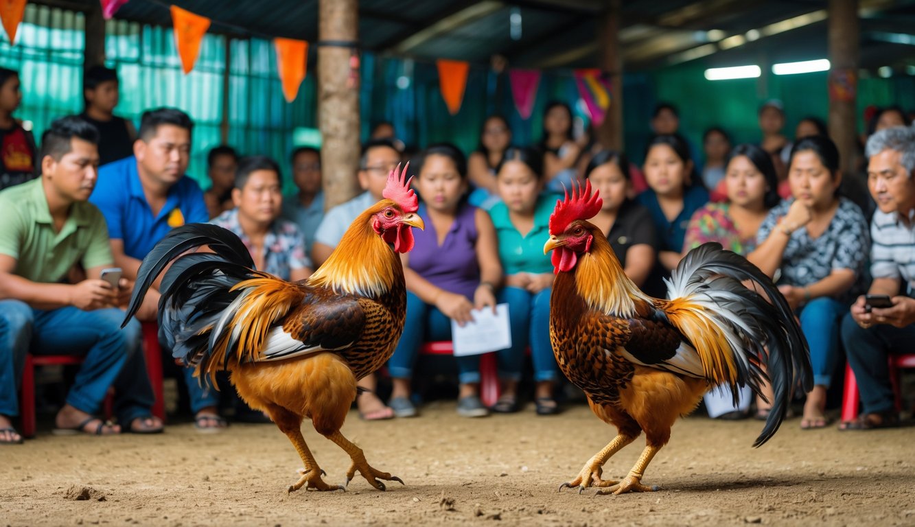 Sekelompok orang menonton pertandingan sabung ayam tradisional Filipina dengan dua ayam jantan sedang bertarung di tengah ruangan.