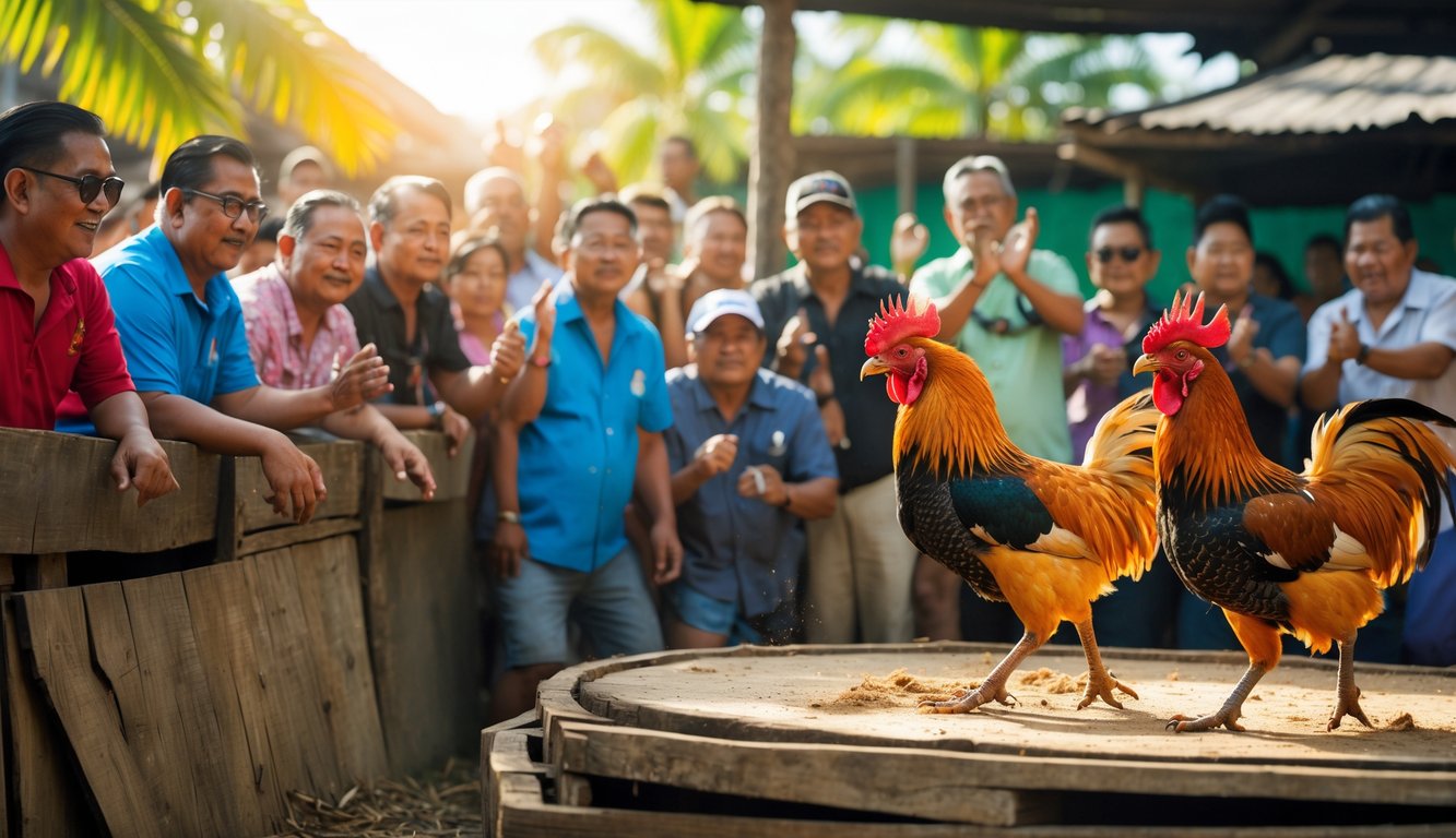 Kerumunan orang menonton sabung ayam tradisional Filipina di arena kayu terbuka dengan dua ayam jago bertarung.