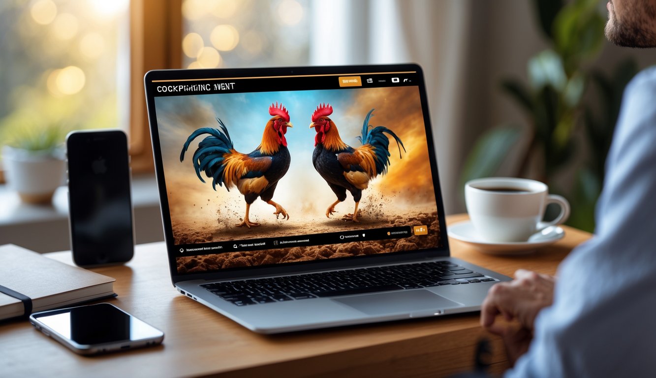 Seseorang menonton pertandingan sabung ayam Filipina secara online di laptop di dalam ruangan yang nyaman.