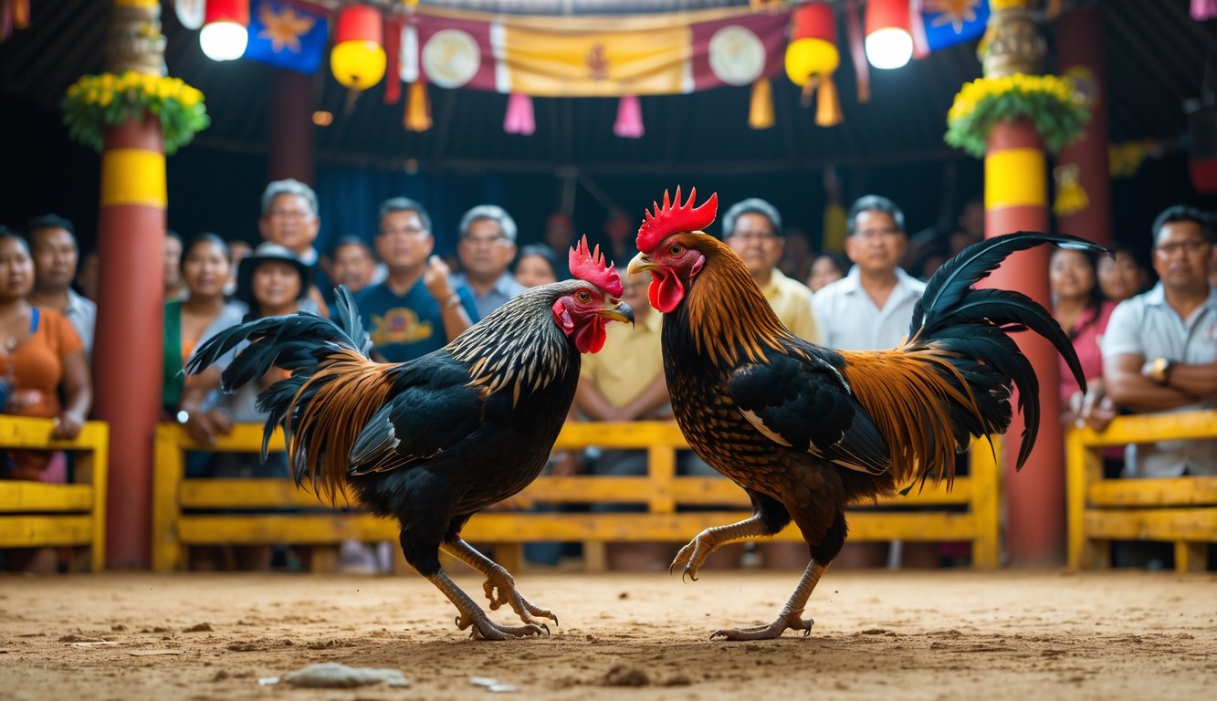 Dua ayam jago sedang bertarung di arena sabung ayam dengan penonton yang antusias menyaksikan dari sekeliling.
