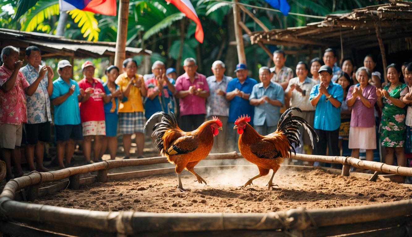 Dua ayam jago sedang bertarung di arena kayu dengan sekelompok orang Filipina menonton di sekitar, latar belakang berupa tanaman tropis dan bangunan bambu.