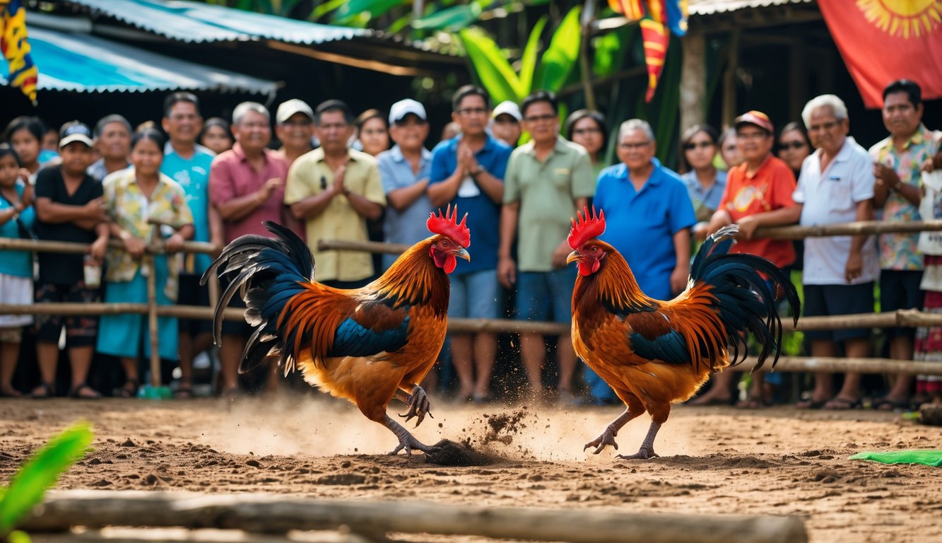 Dua ayam jago sedang bertarung di luar ruangan dengan sekelompok orang yang menonton dengan antusias di latar belakang.