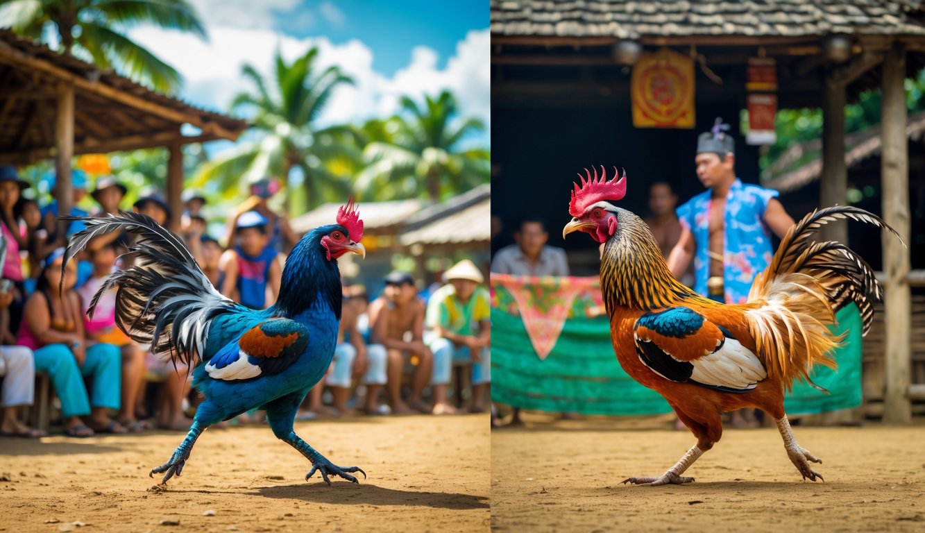 Dua adegan sabung ayam tradisional yang berbeda, satu di Filipina dengan suasana tropis dan penonton kasual, dan satu di Indonesia dengan arena tradisional dan penonton mengenakan pakaian batik.