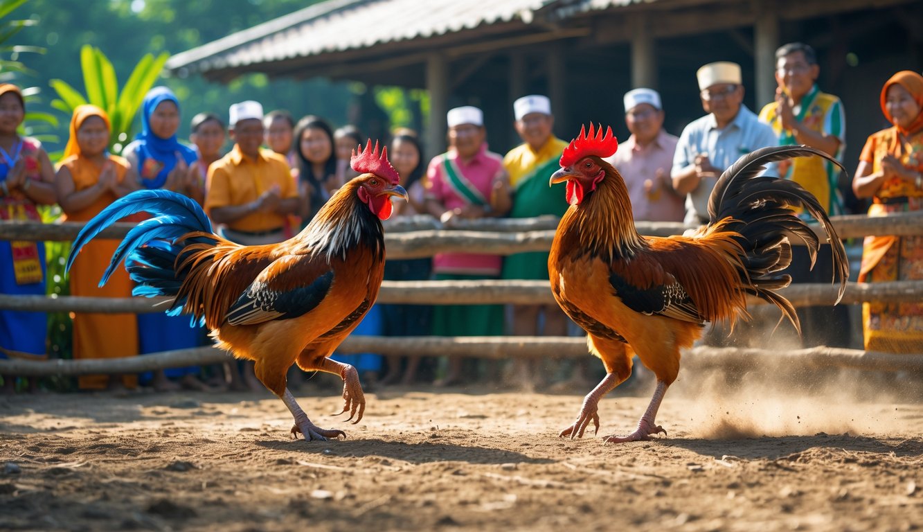 Dua ayam jago sedang bertarung di arena terbuka dengan penonton mengenakan pakaian tradisional Filipina dan Indonesia di latar belakang.