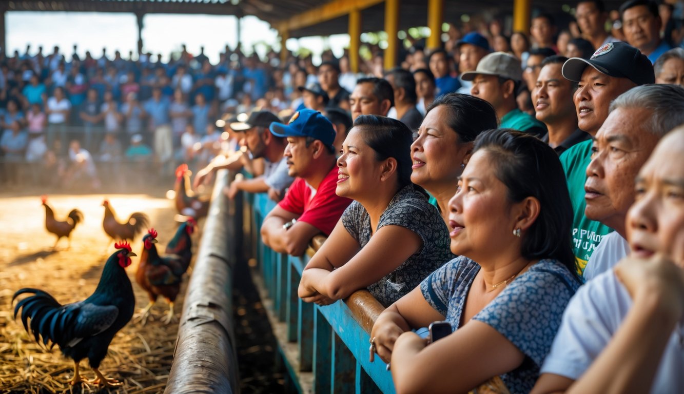 Sekelompok penonton yang antusias menyaksikan pertandingan sabung ayam secara langsung di arena terbuka di Filipina.