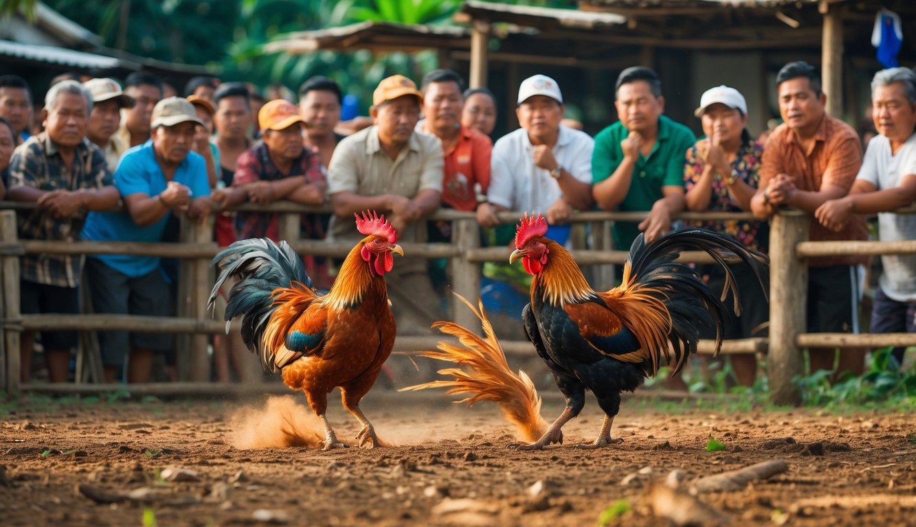 Kerumunan orang menonton sabung ayam Filipina secara langsung di arena terbuka dengan dua ayam jago sedang bertarung di tengah.