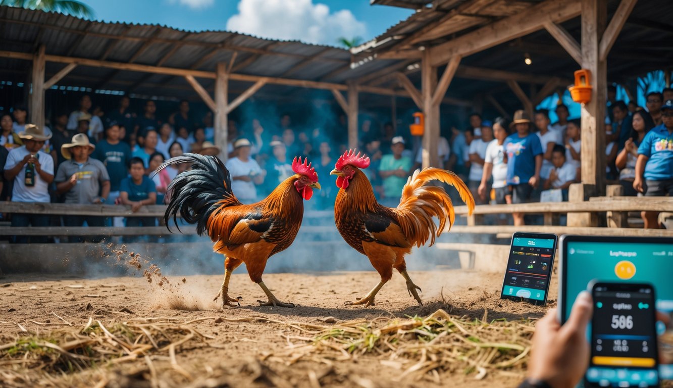 Arena sabung ayam di Filipina dengan ayam jago bertarung, penonton menonton, dan beberapa orang menggunakan perangkat digital seperti ponsel dan tablet.