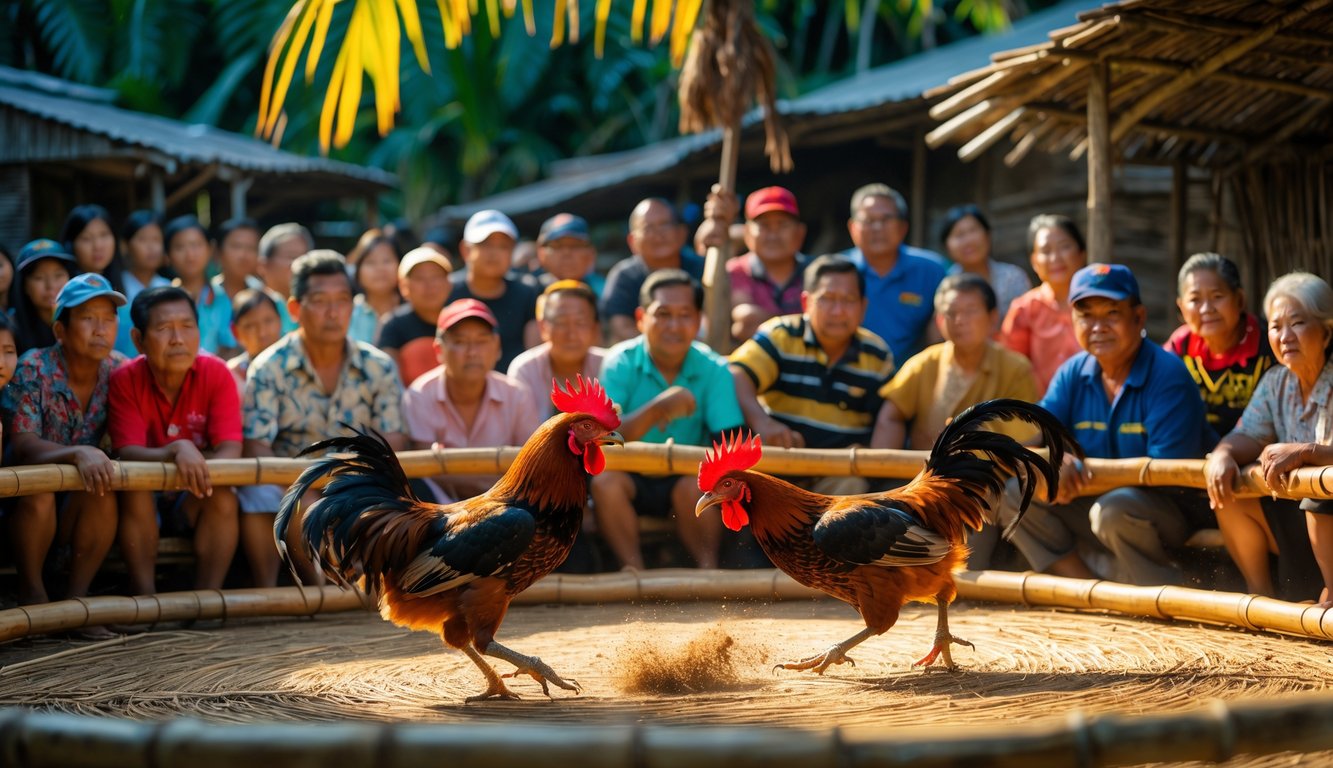 Dua ayam jantan sedang bertarung di arena bambu tradisional dengan penonton yang antusias di sekitarnya di sebuah desa di Filipina.