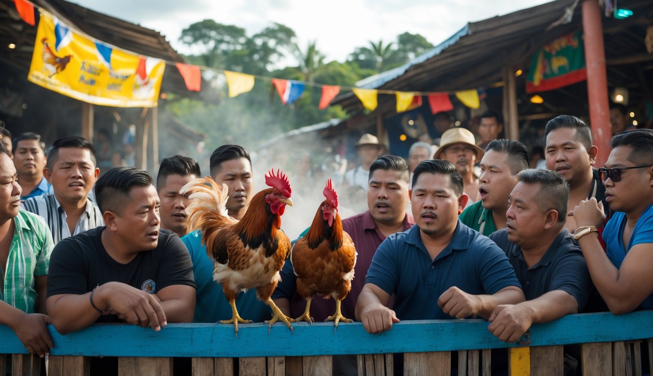 Sekelompok pria Filipina menonton sabung ayam di arena terbuka dengan ekspresi antusias dan latar belakang pasar tradisional.