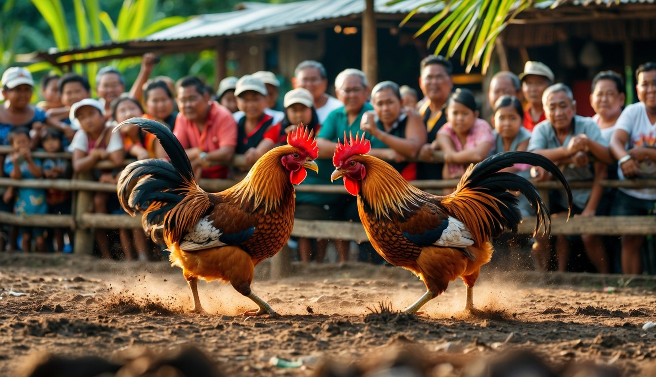 Pertarungan dua ayam jago di tengah kerumunan orang yang antusias di lingkungan pedesaan Filipina.