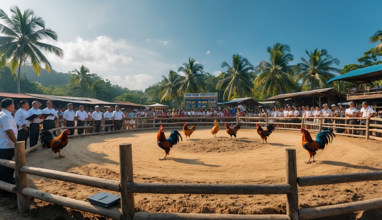 Arena sabung ayam Filipina dengan ayam jago berwarna-warni dan penonton yang memperhatikan pertandingan di luar ruangan.