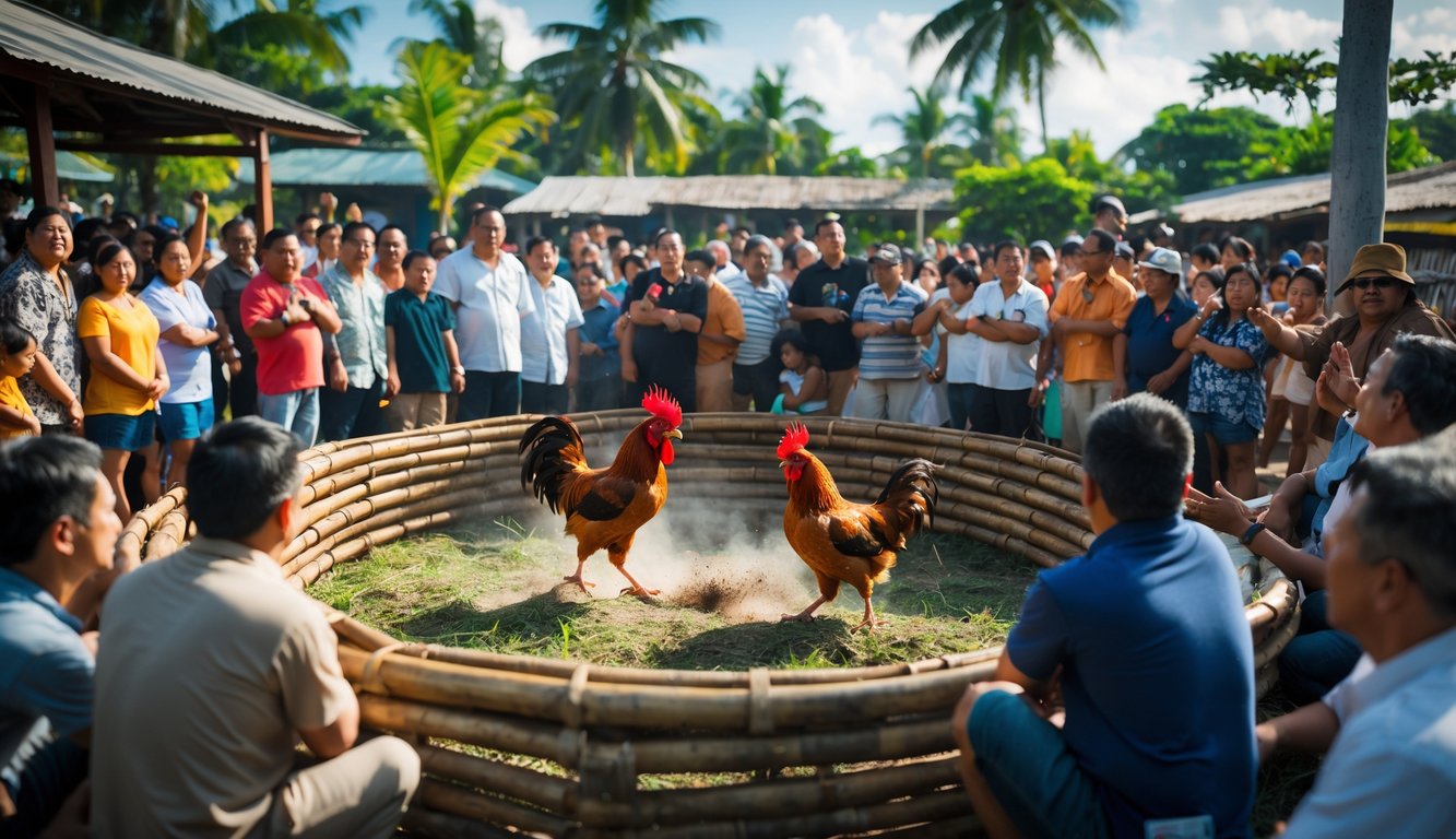 Dua ayam jago bertarung di arena terbuka dengan penonton yang memperhatikan di sekelilingnya.