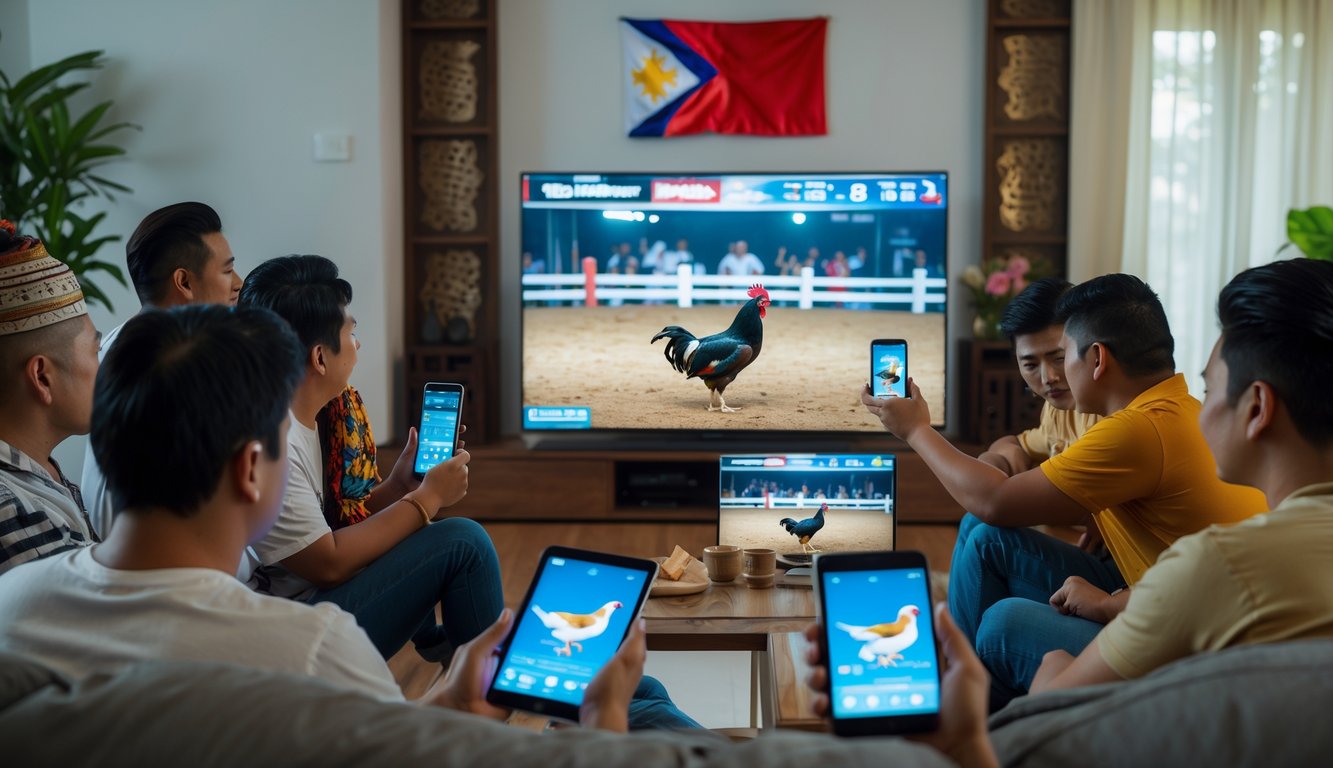 Sekelompok orang Filipina menonton pertandingan sabung ayam secara langsung di televisi sambil menggunakan perangkat teknologi seperti ponsel dan tablet.