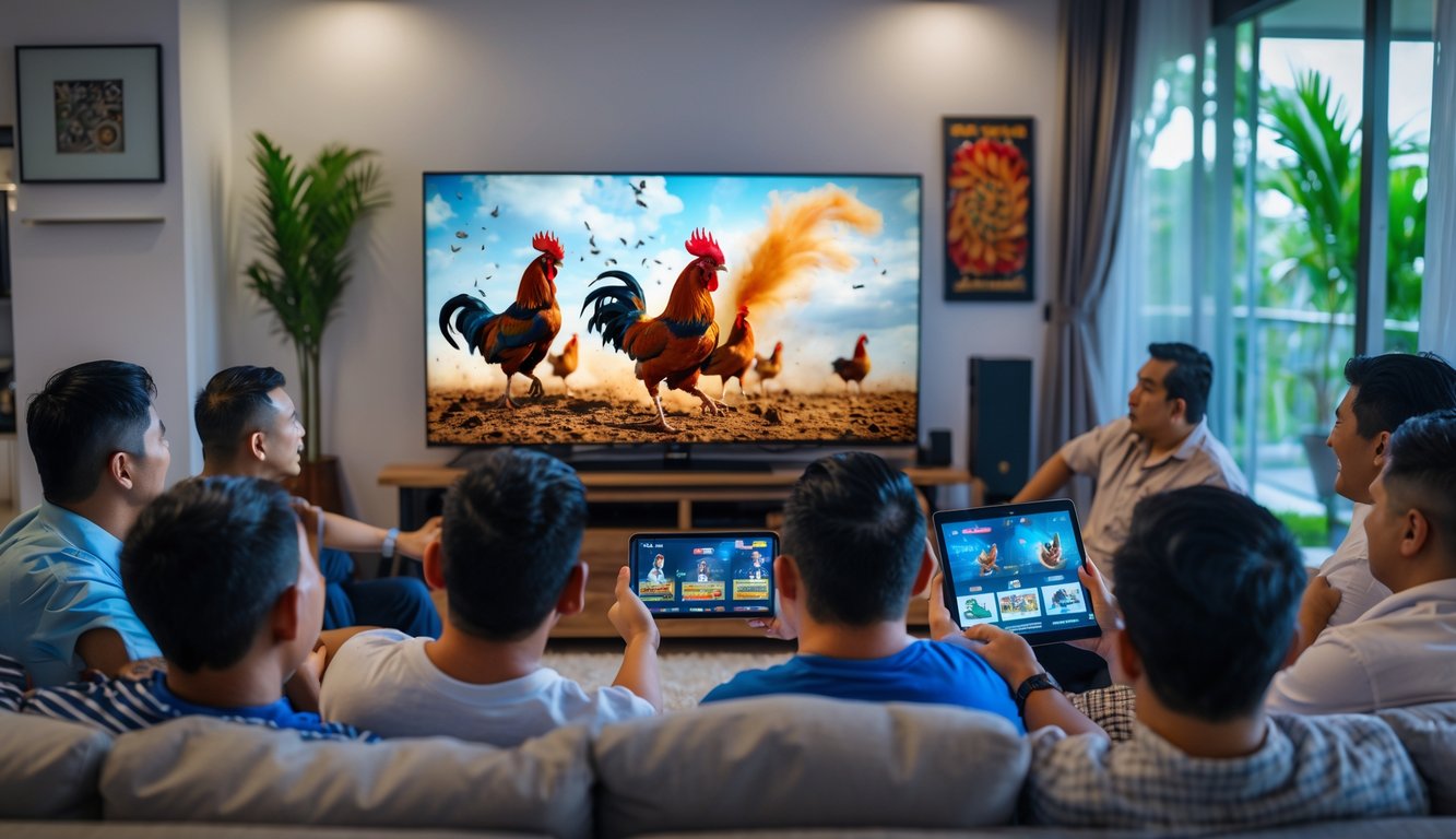 Sekelompok pria Filipina menonton pertandingan sabung ayam secara langsung di televisi di ruang tamu modern dengan perangkat teknologi seperti smartphone dan laptop di sekitar mereka.