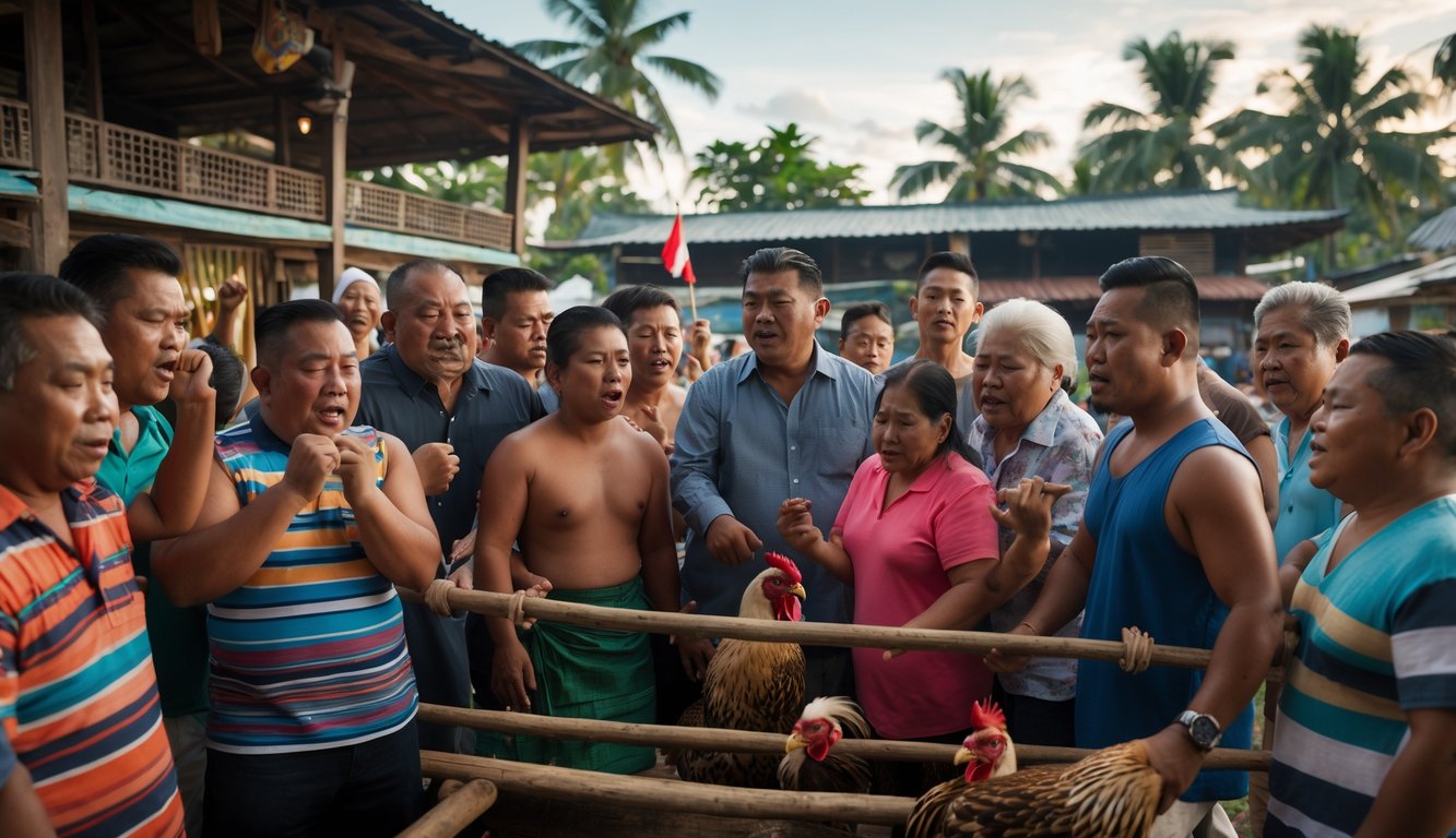 Sekelompok orang Filipina berkumpul di arena sabung ayam tradisional di luar ruangan, menunjukkan interaksi sosial dan budaya dalam masyarakat.