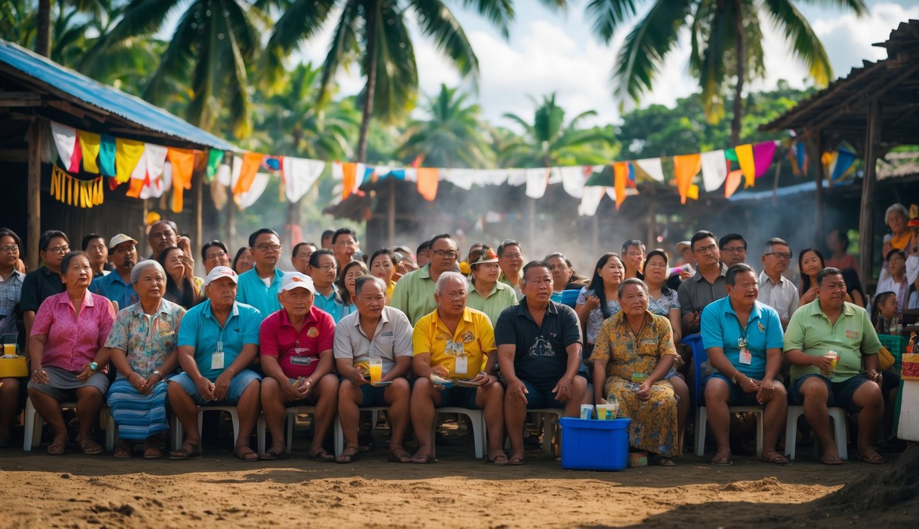 Sekelompok orang Filipina berkumpul di luar ruangan menonton pertandingan sabung ayam tradisional di arena terbuka dengan pohon tropis di sekitar.