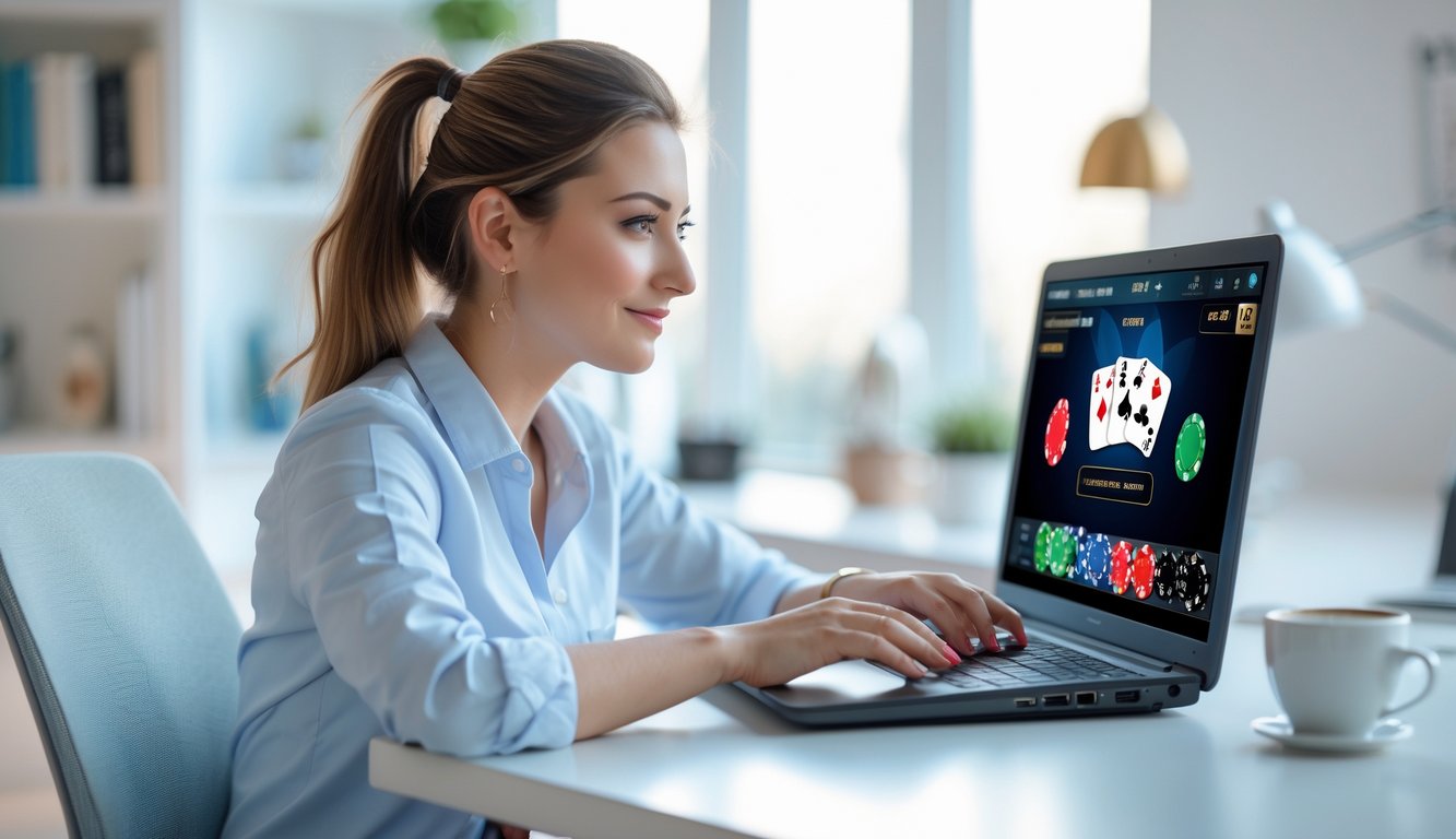 Seorang wanita muda duduk di meja dengan laptop, fokus melihat permainan poker online di layar dalam suasana ruang kerja yang rapi dan terang.