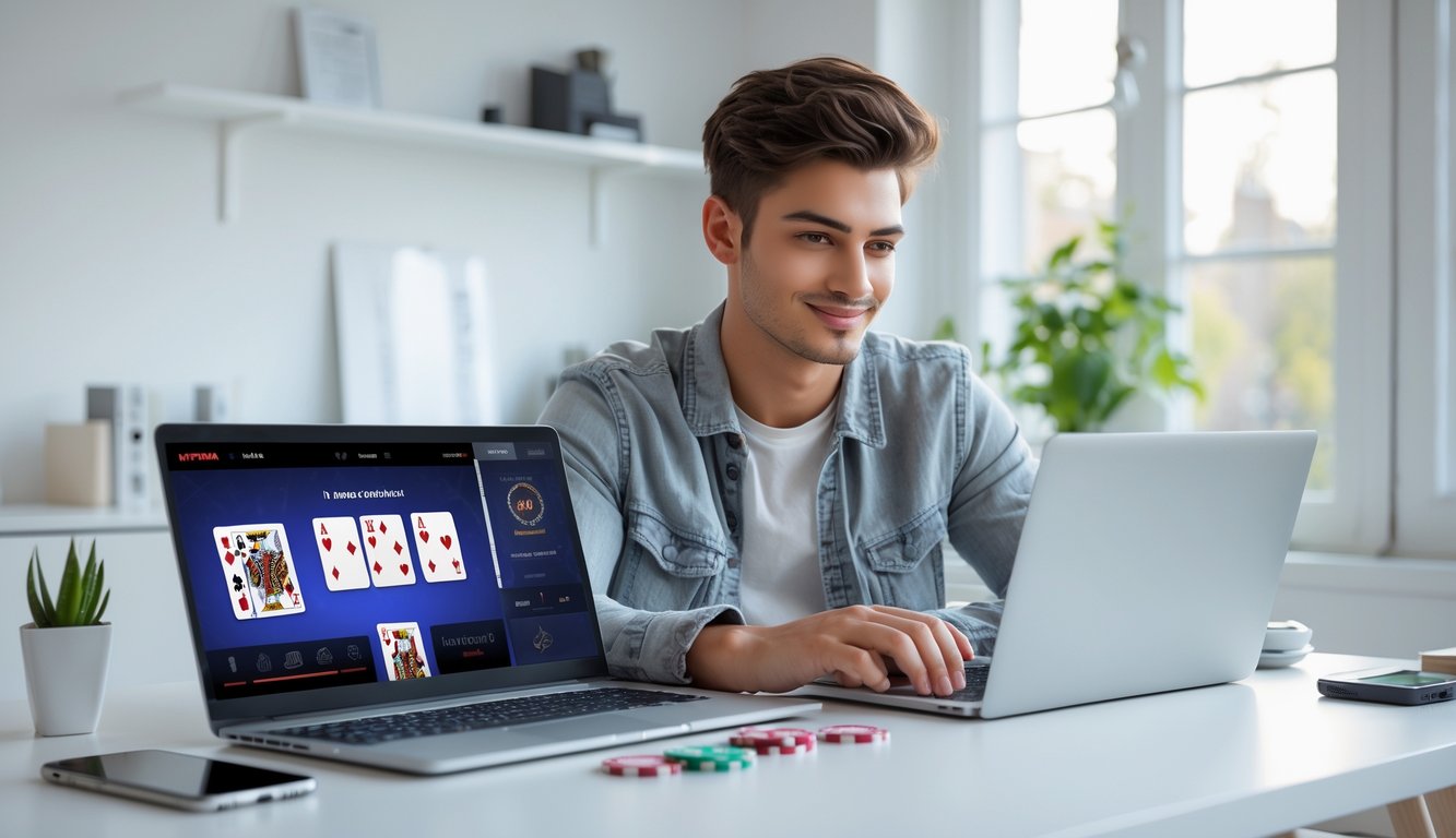 Seseorang muda duduk di meja dengan laptop, bermain poker online di ruang kerja yang terang dan rapi.
