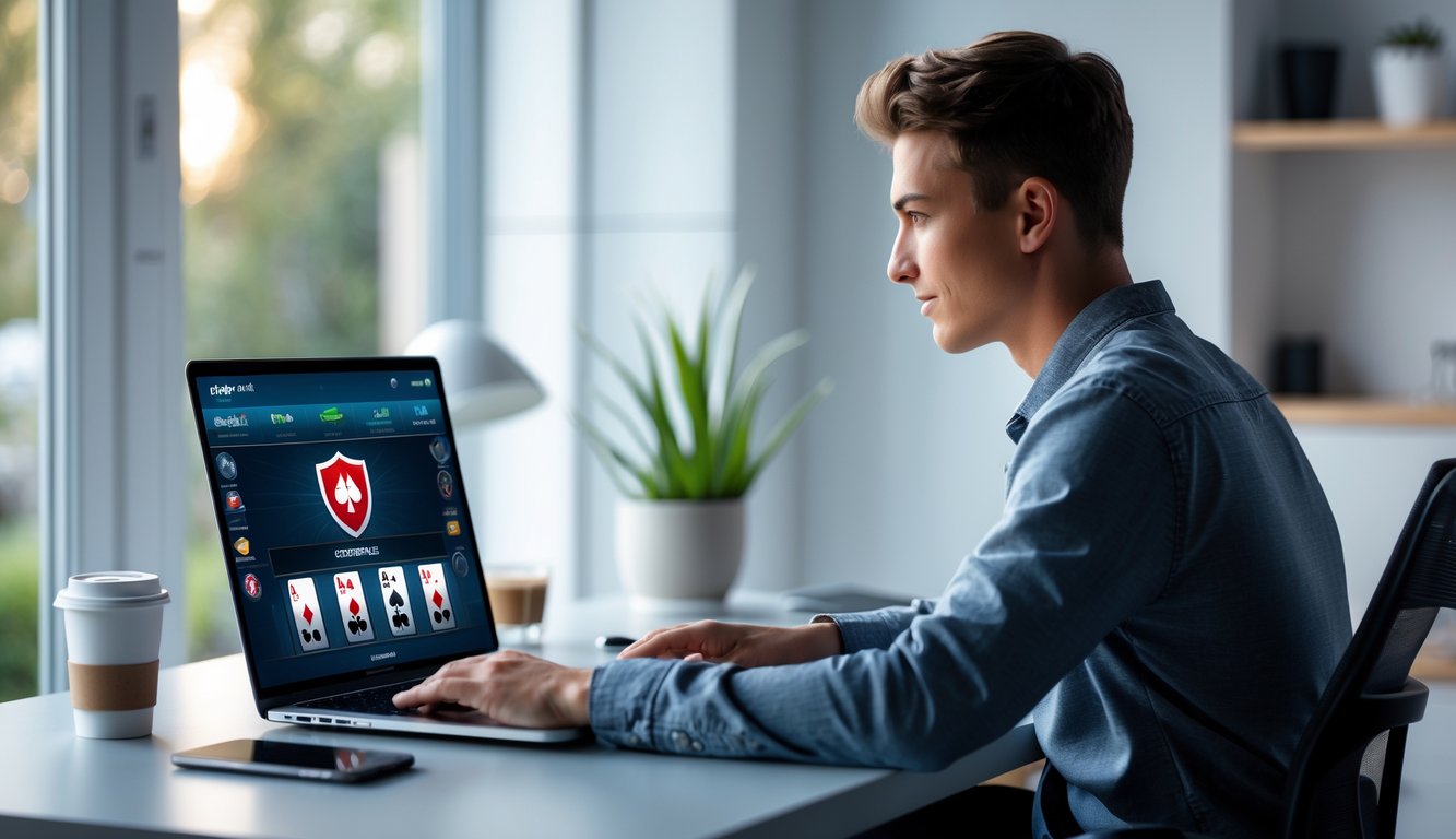 Seorang dewasa muda duduk di meja kerja dengan laptop yang menampilkan permainan poker online, tampak fokus dan percaya diri di ruang kantor rumah yang terang dan rapi.