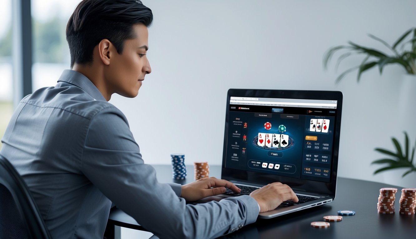 Seseorang sedang duduk di meja dengan laptop bermain judi poker online dengan suasana yang tenang dan aman.
