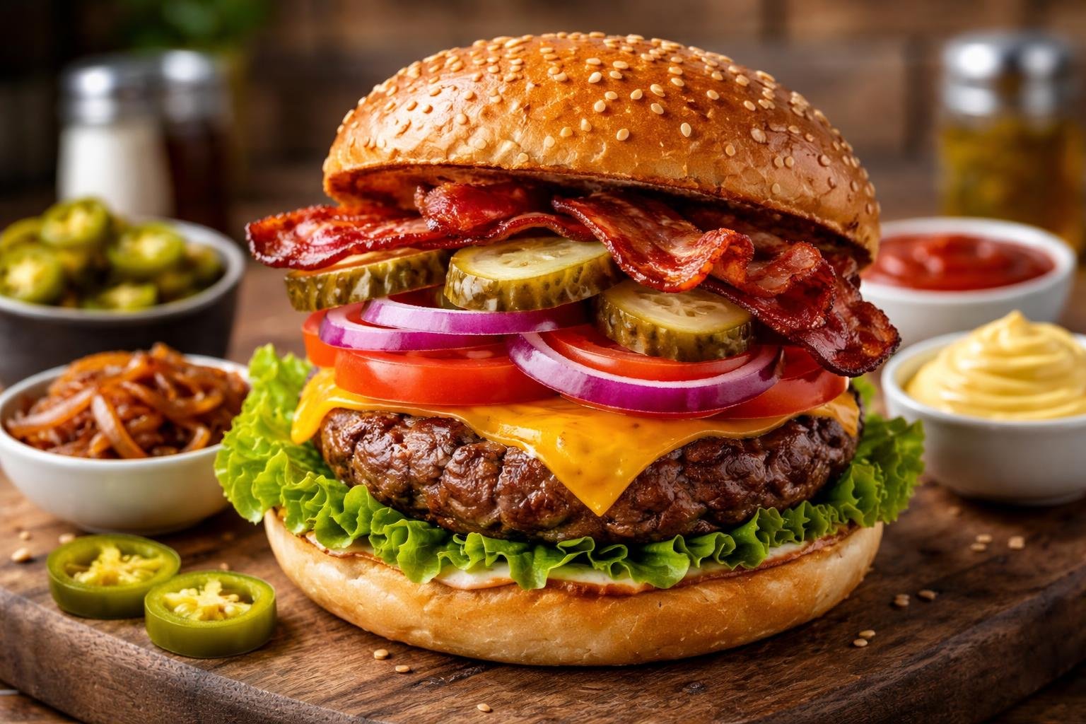 Close-up of a gourmet burger with beef patty, cheese, lettuce, tomato, onion, pickles, and bacon, with bowls of extra toppings and sauces on a table.