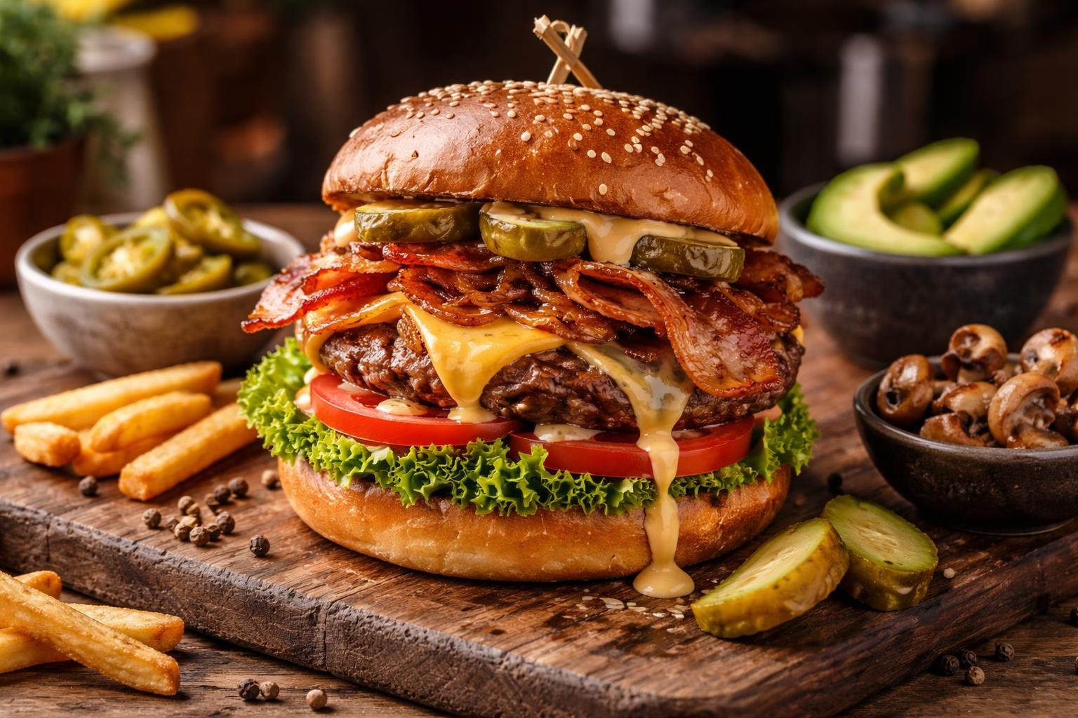 A close-up of a gourmet burger with various fresh toppings on a wooden board, surrounded by small bowls of extra ingredients.
