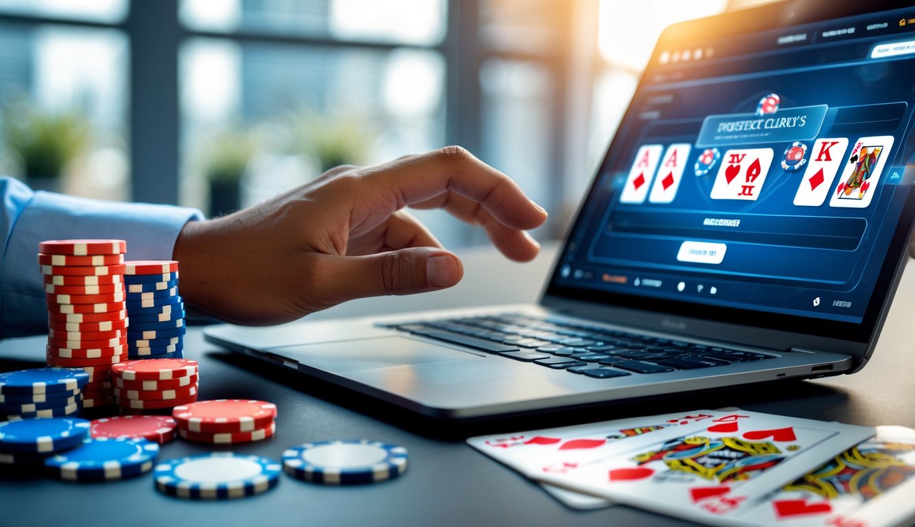 Seseorang menggunakan laptop dengan tumpukan chip poker dan kartu bermain di meja, menunjukkan suasana permainan poker online yang mudah dan terpercaya.