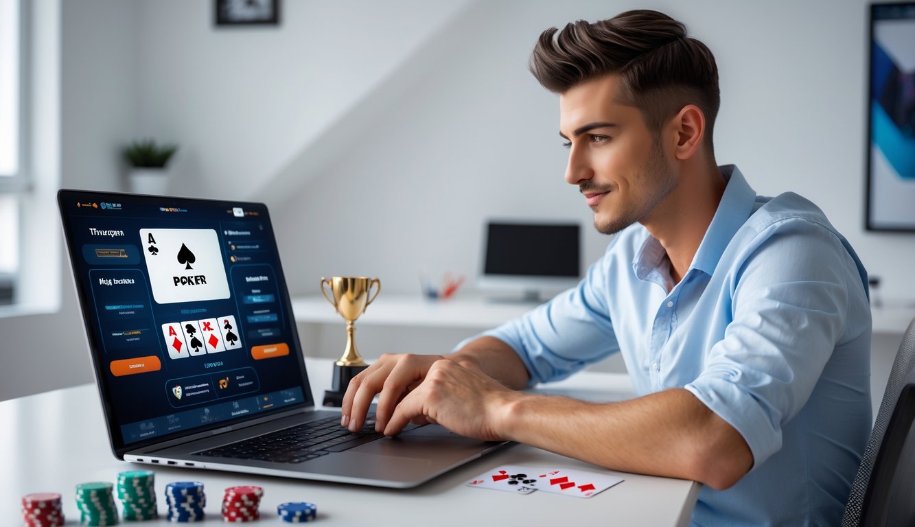 Seorang pria muda duduk di meja dengan laptop dan kartu poker, tampak fokus bermain poker online di ruangan yang rapi dan terang.