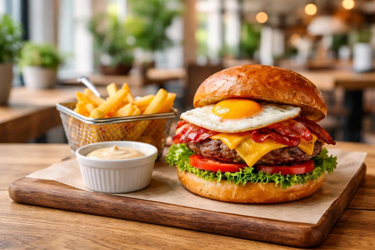 A brunch burger with fried egg, bacon, cheese, lettuce, tomato, and fries on a wooden table in a bright café.