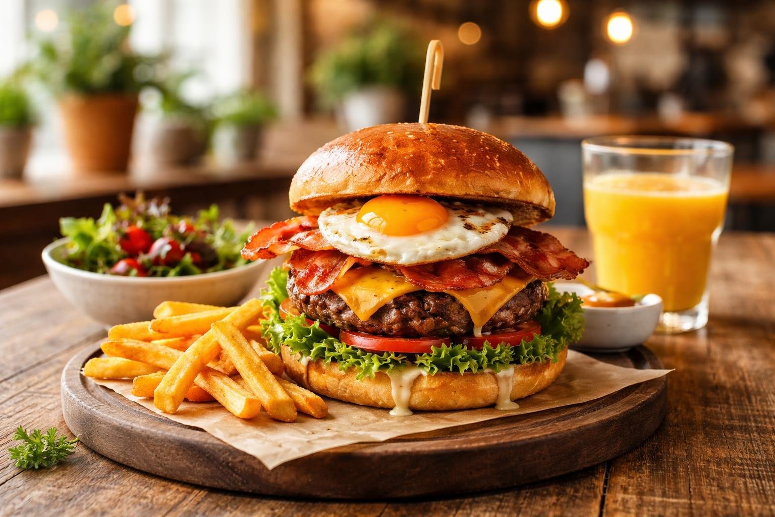 A brunch burger with bacon, fried egg, cheese, and fresh vegetables on a wooden table with fries and orange juice in a cozy café.