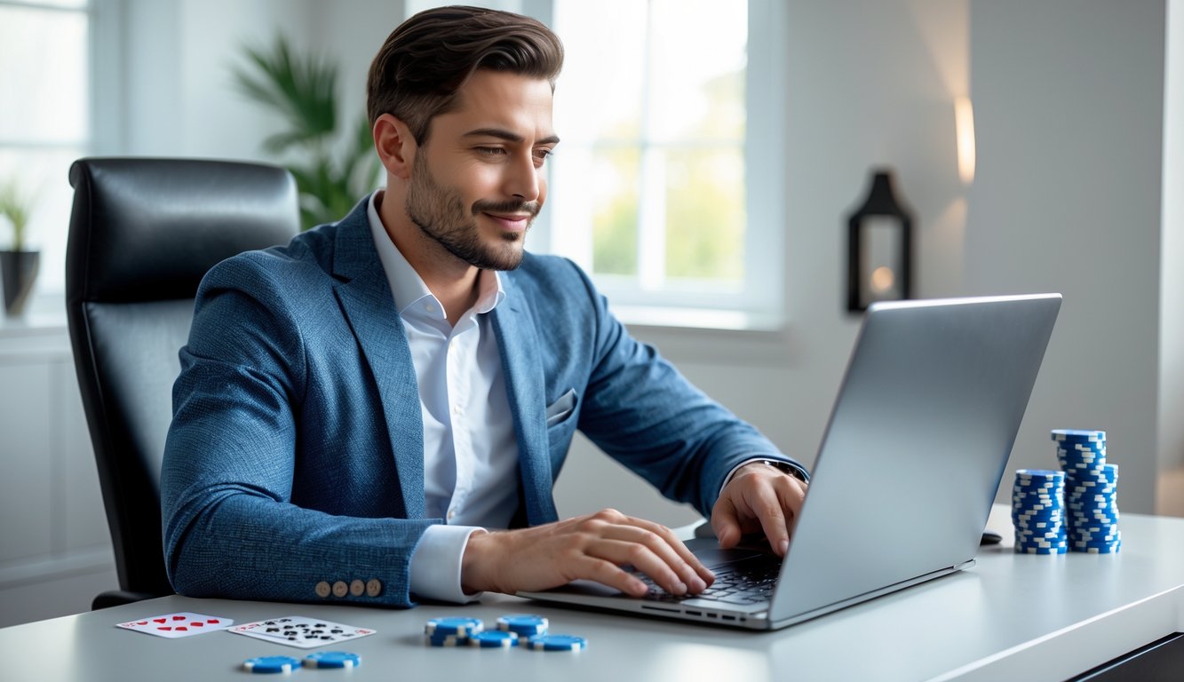 Seorang pria duduk di meja modern menggunakan laptop untuk bermain poker online dengan suasana ruangan yang terang dan rapi.