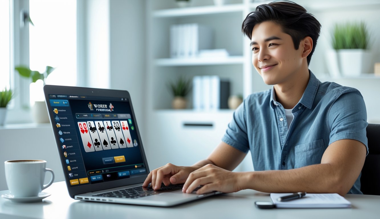 Seorang dewasa muda duduk di meja dengan laptop yang menampilkan permainan poker online, terlihat fokus dan santai di ruang kerja yang rapi dan terang.