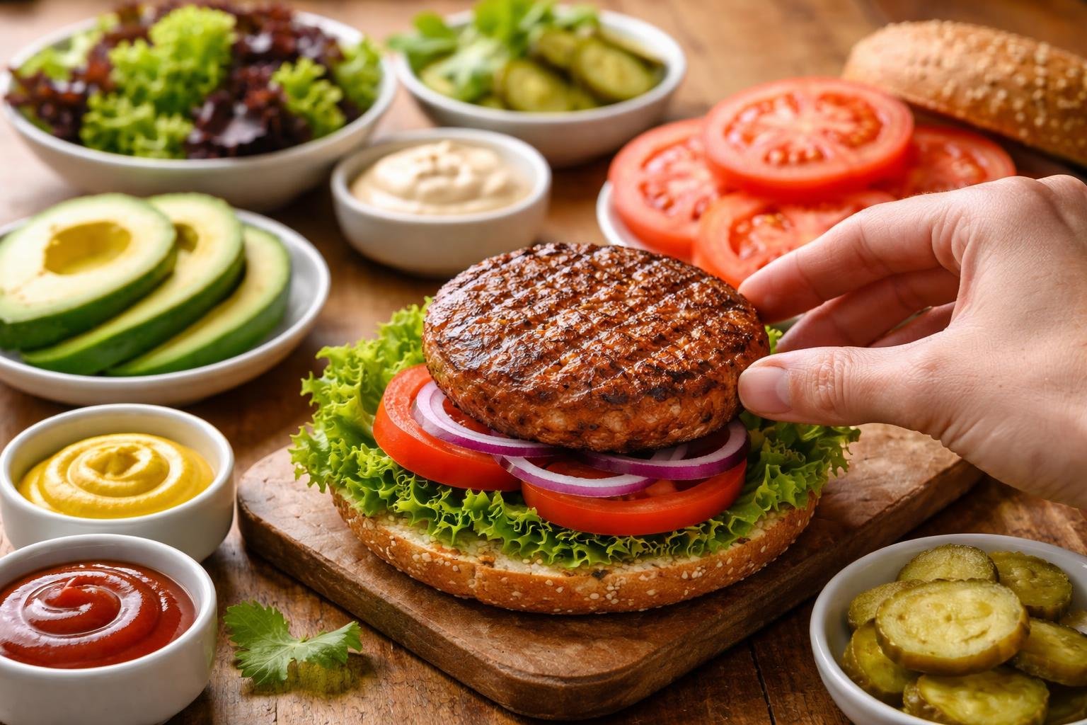Close-up of a hand assembling a vegan burger with fresh vegetables and toppings on a wooden surface.