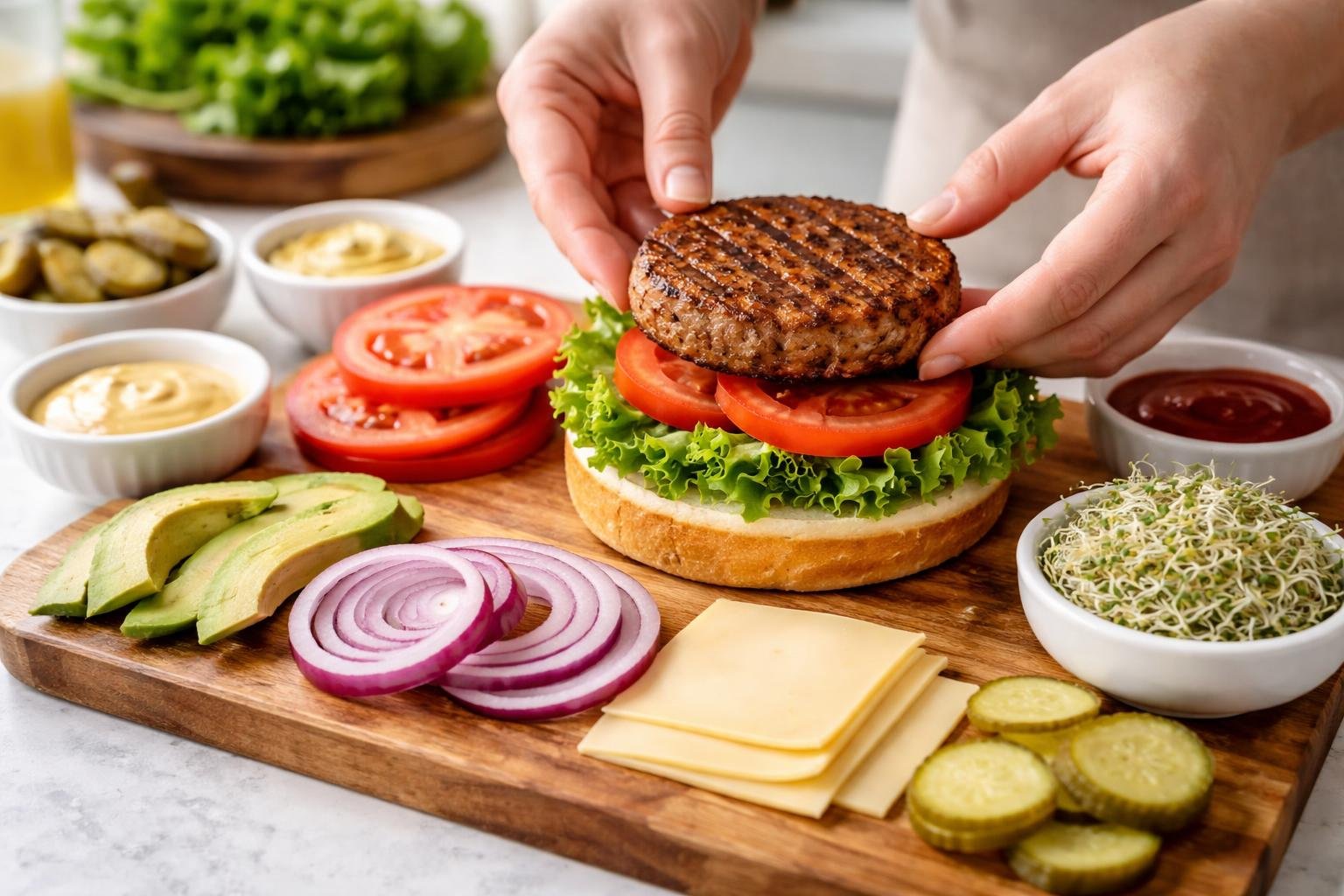 Hands assembling a vegan burger with fresh vegetables and plant-based patty on a wooden board in a kitchen.