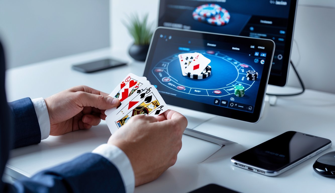 Tangan seseorang memegang kartu dan chip poker di depan layar komputer yang menampilkan meja poker digital.