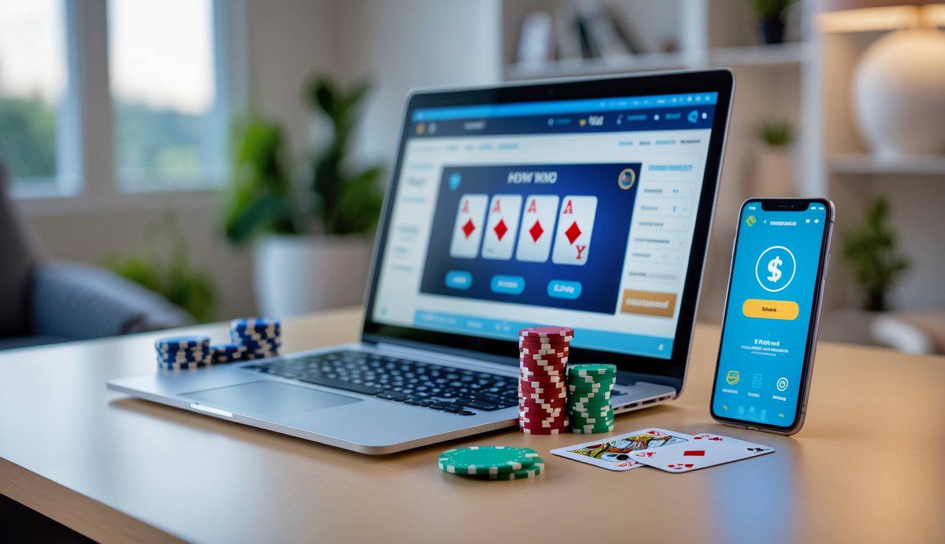 Sebuah meja kerja dengan komputer menampilkan permainan poker online, tumpukan chip poker, kartu bermain, dan ponsel yang menunjukkan aplikasi transaksi.