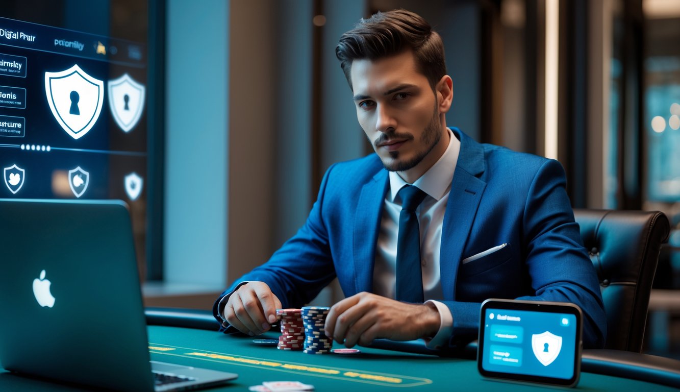 Seorang pria percaya diri duduk di meja poker dengan chip dan kartu, di depan laptop dan ponsel yang menampilkan permainan poker online yang aman.