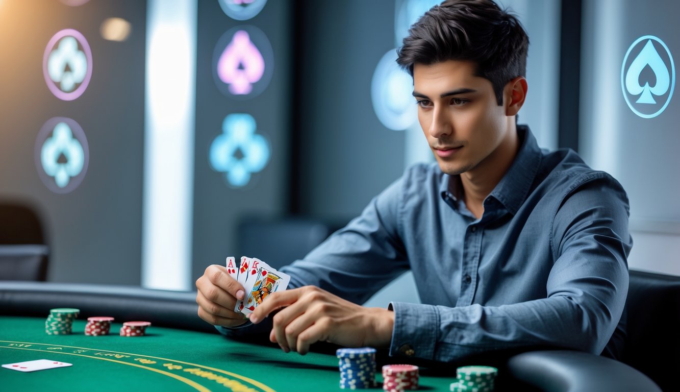 Seorang pria muda duduk di meja poker dengan kartu dan chip, tampak fokus dan tenang dalam suasana permainan poker yang aman dan terpercaya.