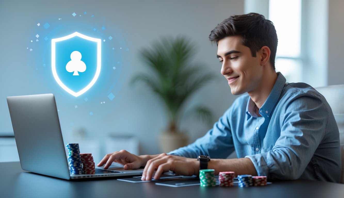 Seorang pria muda duduk di meja dengan laptop, bermain poker online dengan ekspresi percaya diri dan santai.