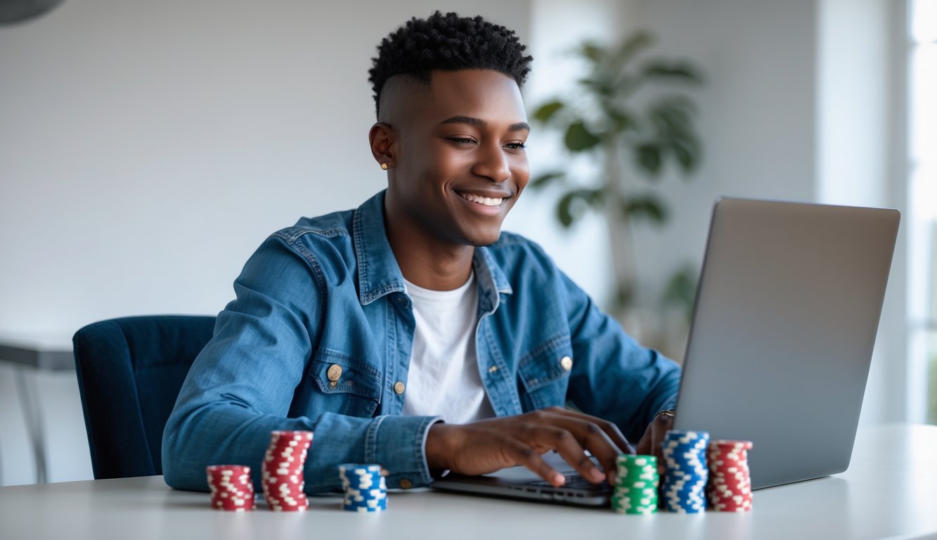 Seorang dewasa muda duduk di depan laptop dengan kartu dan chip poker di meja, tersenyum fokus bermain poker online.