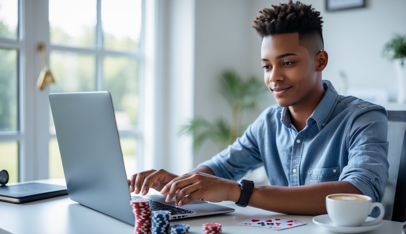 Seorang dewasa muda duduk di meja modern menggunakan laptop dengan chip poker dan kartu bermain di dekatnya, menunjukkan suasana pendaftaran poker online yang mudah dan terpercaya.