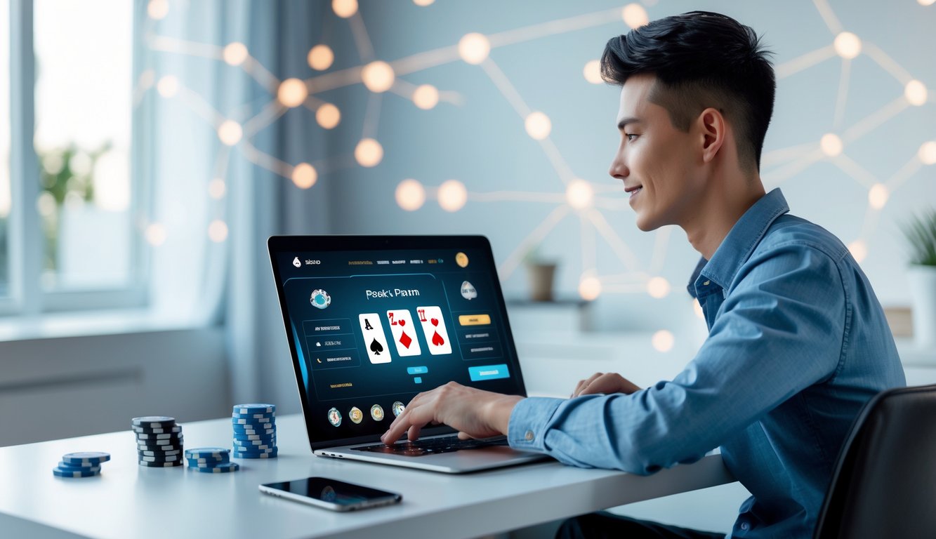 Seorang pria muda duduk di meja dengan laptop, kartu poker, dan chip poker, terlihat fokus bermain poker online.