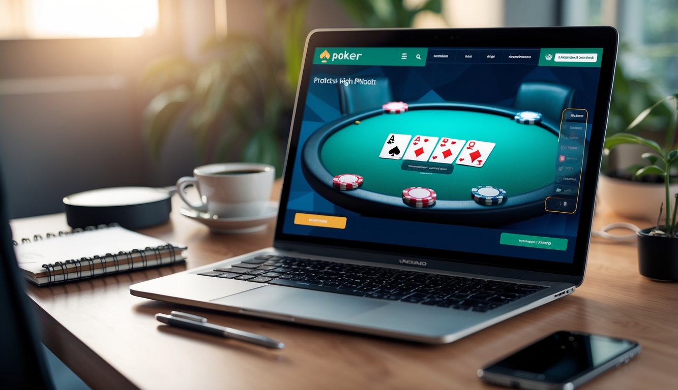 Sebuah ruang kerja modern dengan laptop yang menampilkan antarmuka situs poker online, meja dengan kartu dan chip poker digital, serta cangkir kopi dan ponsel di meja.