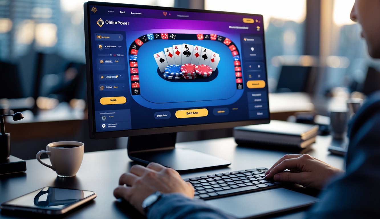 Meja kerja modern dengan komputer menampilkan permainan poker online yang mudah digunakan, tangan seseorang sedang menggunakan mouse dan keyboard.