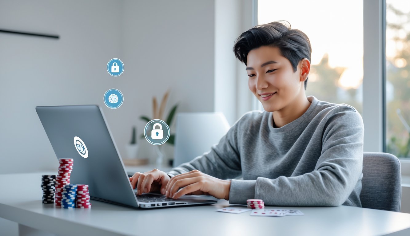 Seorang dewasa muda duduk di meja dengan laptop, bermain poker online dengan suasana yang nyaman dan aman di ruang kerja rumah.