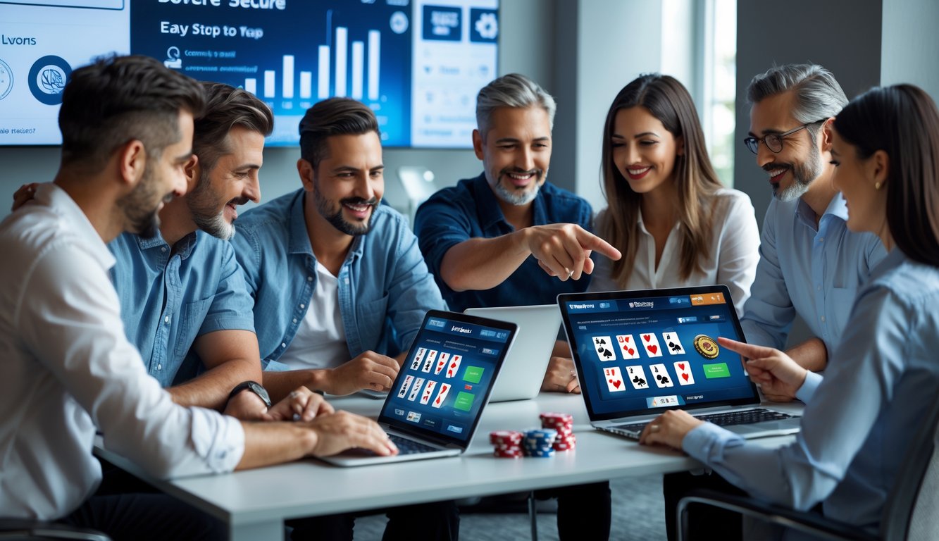 Beberapa orang duduk di meja dengan laptop dan tablet yang menampilkan permainan poker online, sedang berdiskusi dan belajar bersama dalam suasana yang nyaman dan profesional.